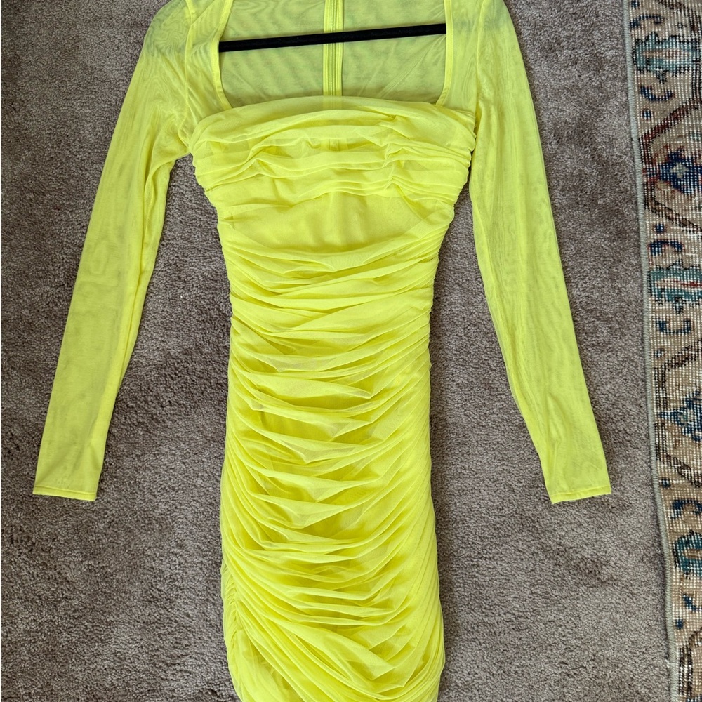 House of CB Yellow Bodycon Dress with Long Sleeves and Square Neck